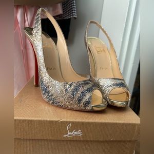 Christian Louboutin Gold and Silver Glitter Peep-Toe Slingback Heels